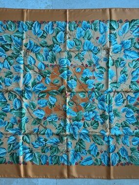 Blue Leaf Print 100% Silk Scarf